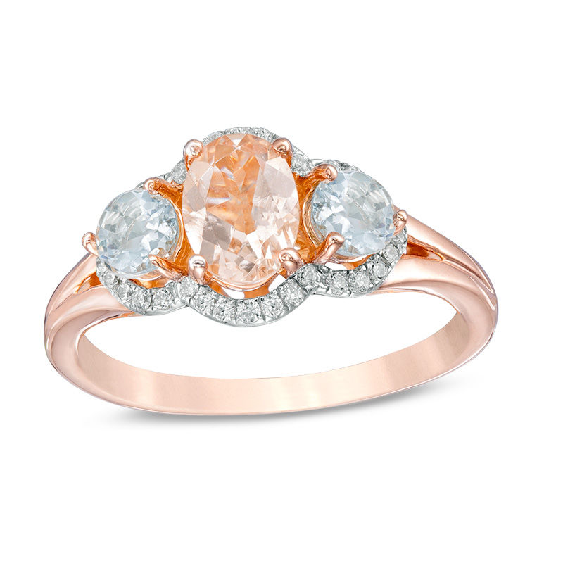 Main Image 1 of Oval Morganite, Aquamarine and 1/8 CT. T.W. Diamond Frame Three Stone Ring in 10K Rose Gold