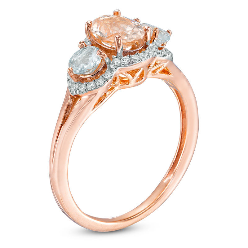 Main Image 2 of Oval Morganite, Aquamarine and 1/8 CT. T.W. Diamond Frame Three Stone Ring in 10K Rose Gold