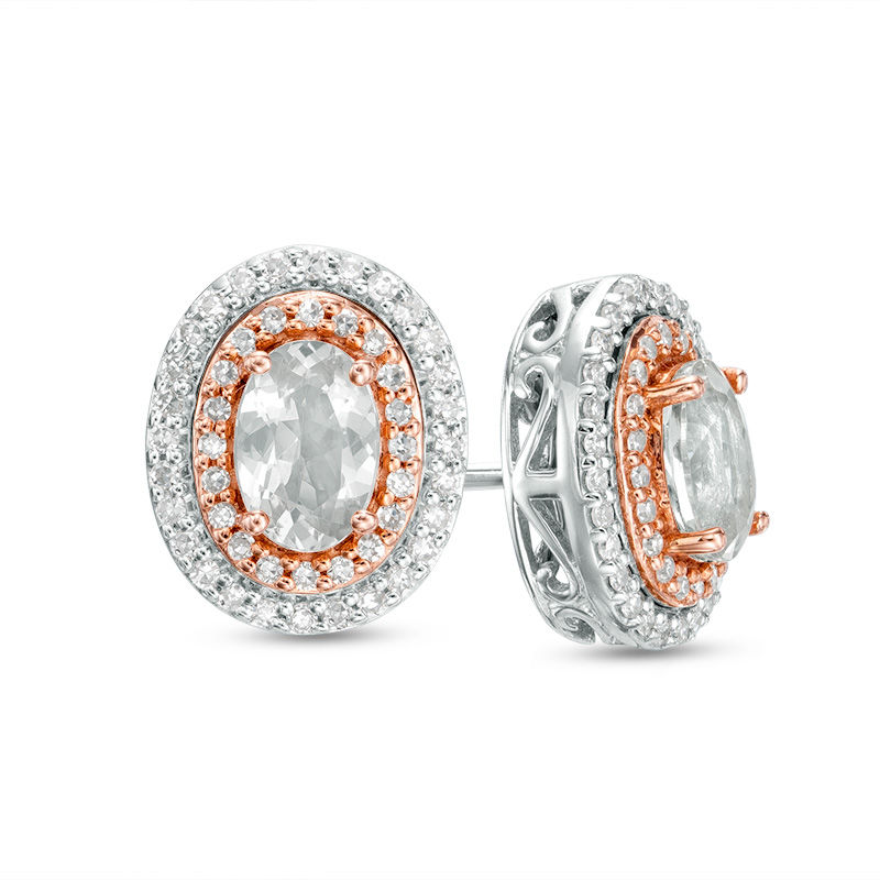 Main Image 1 of Oval Morganite and 1/4 CT. T.W. Diamond Double Frame Stud Earrings in 10K Two-Tone Gold