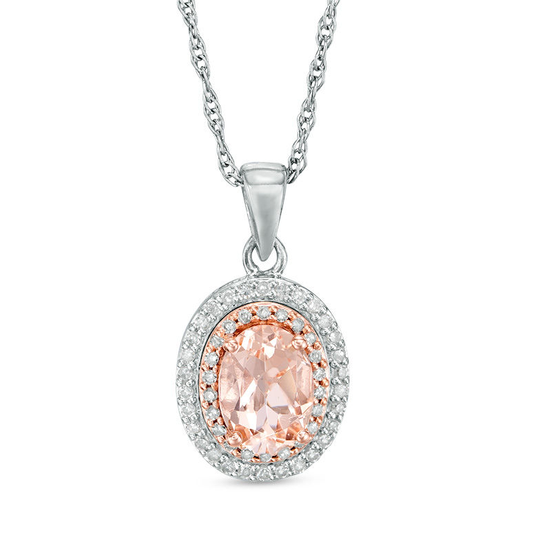 Main Image 1 of Oval Morganite and 1/8 CT. T.W. Diamond Double Frame Pendant in 10K Two-Tone Gold