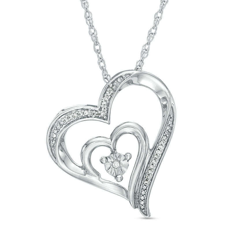 Diamond Accent Tilted Double Heart Pendant in Sterling Silver and 10K Rose Gold