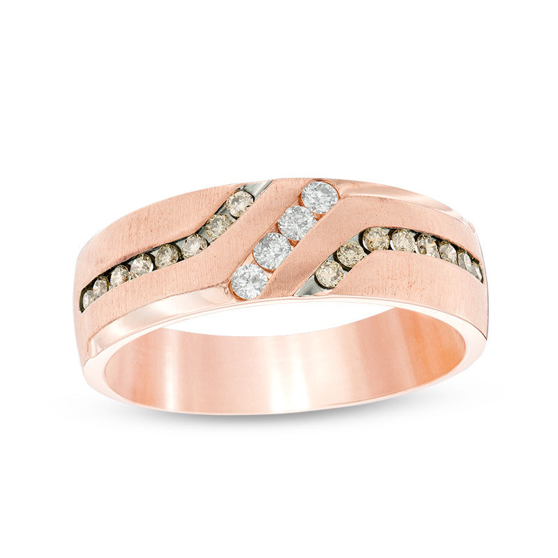 Main Image 1 of 3/8 CT. T.W. Champagne and White Diamond Slant Anniversary Band in 10K Rose Gold