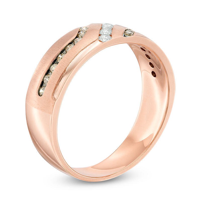 Men's 3/8 CT. T.W. Champagne and White Diamond Slant Anniversary Band in 10K Rose Gold