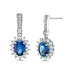 Thumbnail Image 1 of Oval Lab-Created Blue and White Sapphire Starburst Linear Drop Earrings in Sterling Silver
