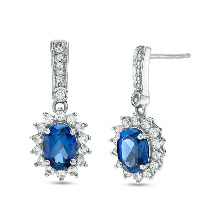 Main Image 1 of Oval Lab-Created Blue and White Sapphire Starburst Linear Drop Earrings in Sterling Silver