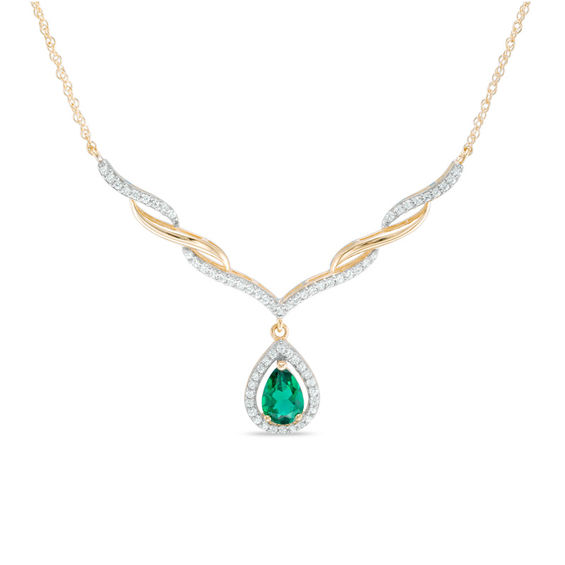 Pear-Shaped Lab-Created Emerald and White Sapphire Cascading Chevron Necklace in 10K Gold