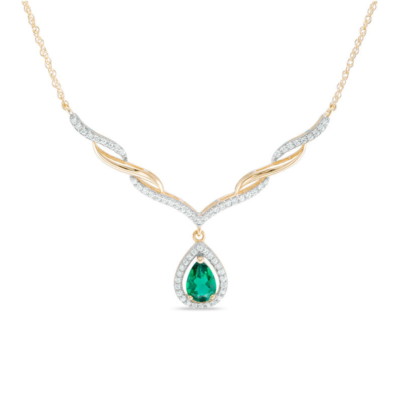 Main Image 1 of Pear-Shaped Lab-Created Emerald and White Sapphire Cascading Chevron Necklace in 10K Gold