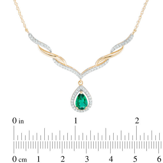 Pear-Shaped Lab-Created Emerald and White Sapphire Cascading Chevron Necklace in 10K Gold
