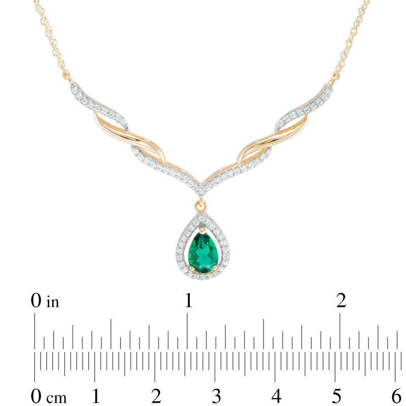 Main Image 2 of Pear-Shaped Lab-Created Emerald and White Sapphire Cascading Chevron Necklace in 10K Gold