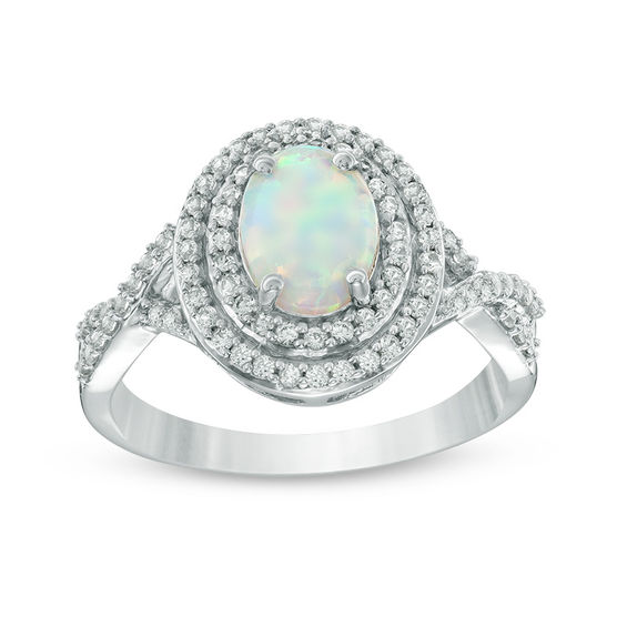 Oval Lab-Created Opal and White Sapphire Double Frame Ring in Sterling ...