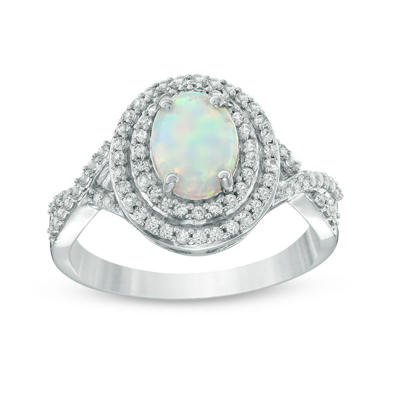 Main Image 1 of Oval Lab-Created Opal and White Sapphire Double Frame Ring in Sterling Silver