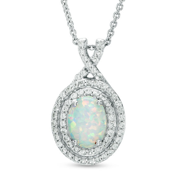 Oval Lab-Created Opal and White Sapphire Double Frame Pendant in ...