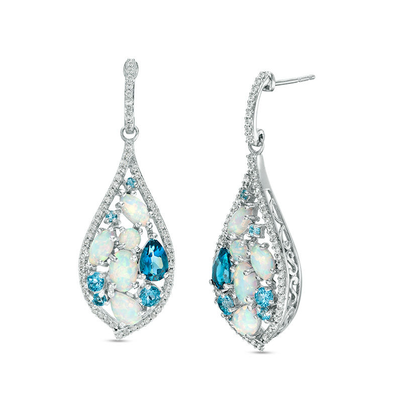 Main Image 1 of Multi-Shaped Swiss Blue Topaz, Lab-Created Opal and White Sapphire Teardrop Earrings in Sterling Silver