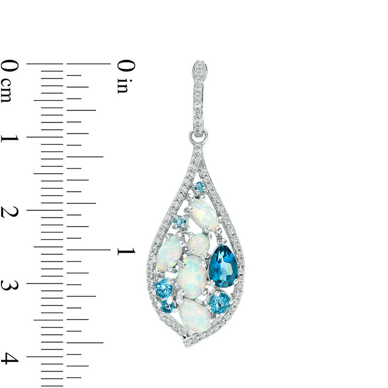 Main Image 2 of Multi-Shaped Swiss Blue Topaz, Lab-Created Opal and White Sapphire Teardrop Earrings in Sterling Silver