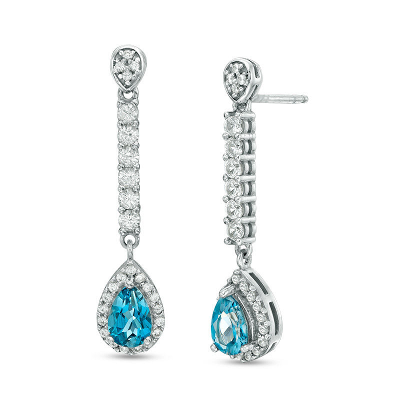 Main Image 1 of Pear-Shaped London Blue Topaz and Lab-Created White Sapphire Frame Drop Earrings in Sterling Silver