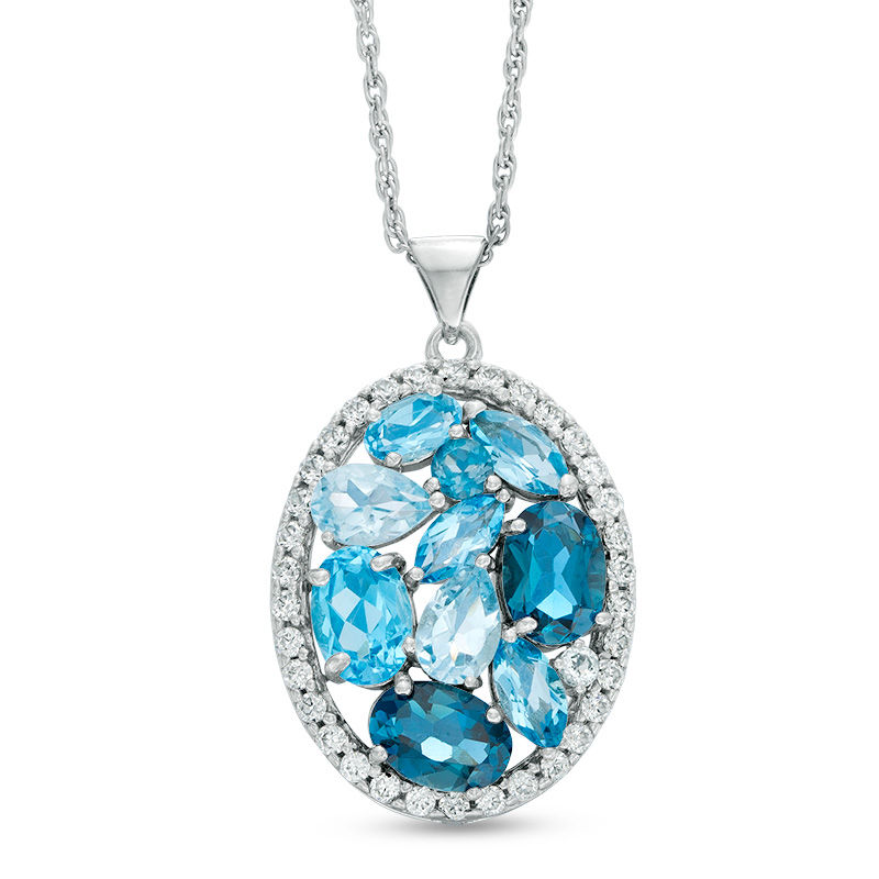 Main Image 1 of Multi-Shaped Blue Topaz and Lab-Created White Sapphire Frame Oval Cluster Pendant in Sterling Silver