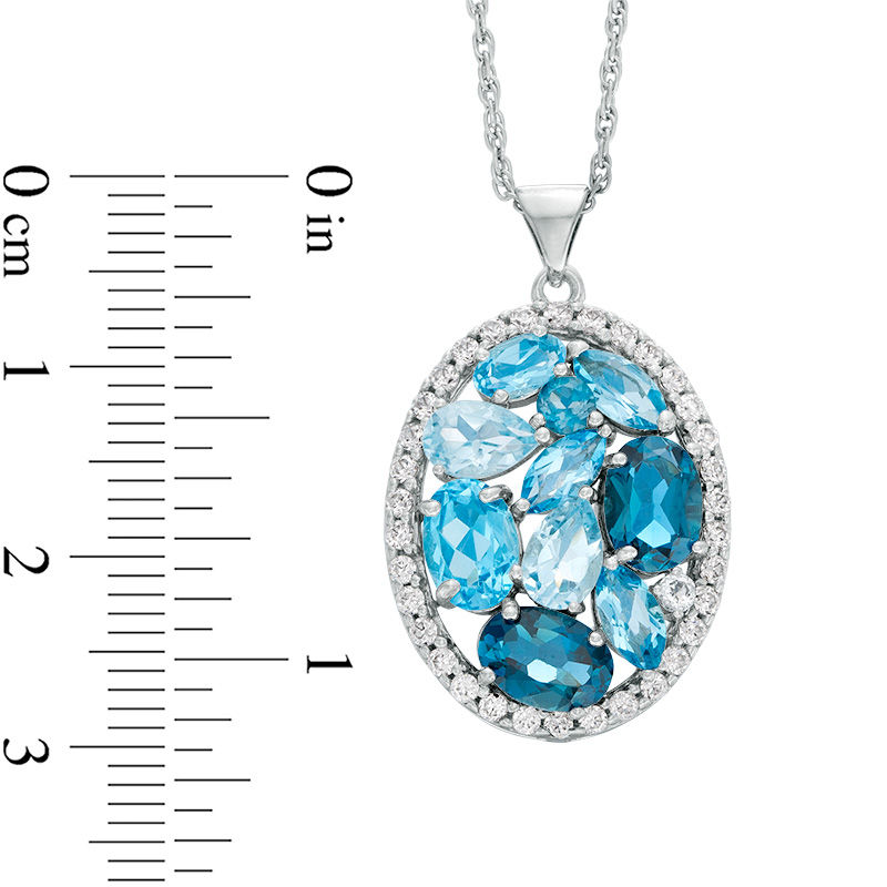 Main Image 2 of Multi-Shaped Blue Topaz and Lab-Created White Sapphire Frame Oval Cluster Pendant in Sterling Silver