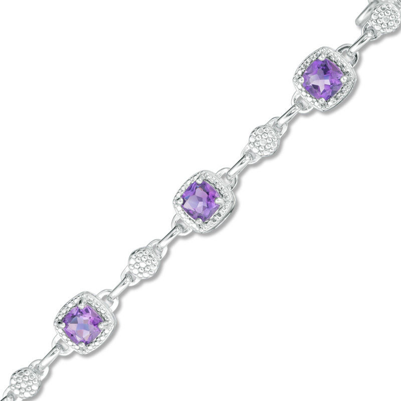 Main Image 1 of 5.0mm Cushion-Cut Amethyst Beaded Frame Bracelet in Sterling Silver - 7.25"