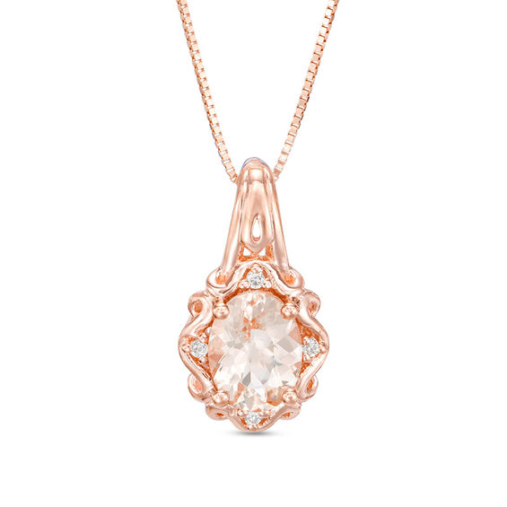Oval Morganite and Diamond Accent Scroll Frame Pendant in 10K Rose Gold