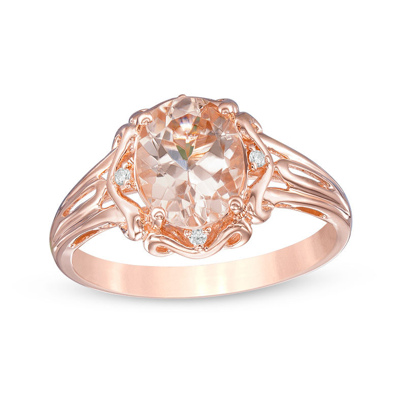 Main Image 1 of Oval Morganite and Diamond Accent Scroll Frame Ring in 10K Rose Gold