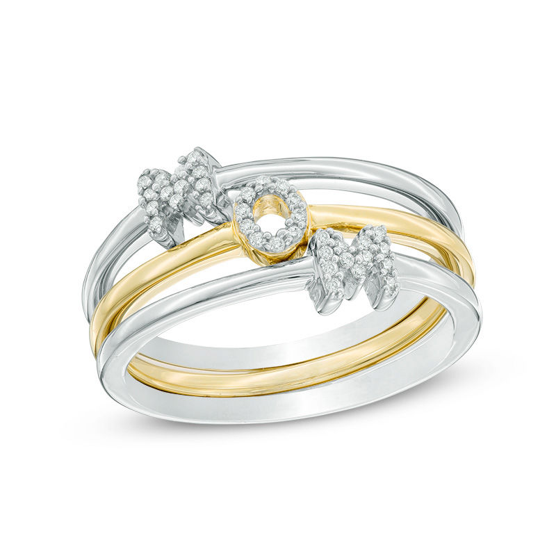 Diamond Accent "MOM" Three Piece Stackable Ring Set in Sterling Silver and 10K Gold