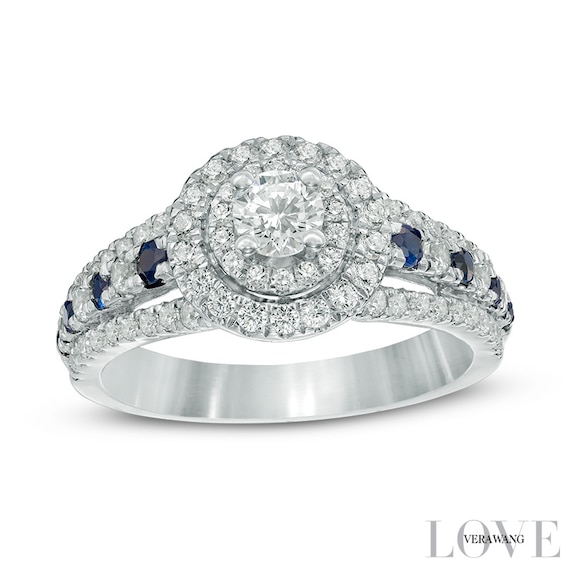 Vera Wang Love Collection 7/8 CT. T.w. Diamond and Blue Sapphire Double Frame Engagement Ring in 14K White Gold
