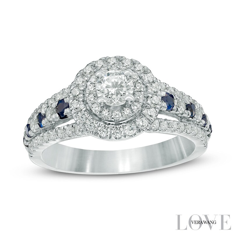 Main Image 1 of Vera Wang Love Collection 7/8 CT. T.W. Diamond and Blue Sapphire Double Frame Engagement Ring in 14K White Gold