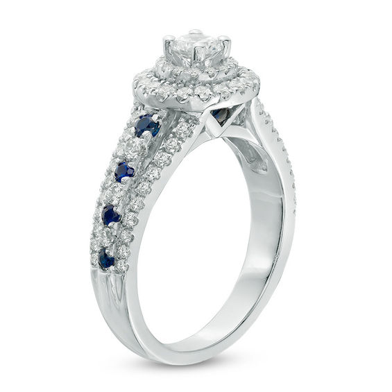 Vera Wang Love Collection 7/8 CT. T.w. Diamond and Blue Sapphire Double Frame Engagement Ring in 14K White Gold