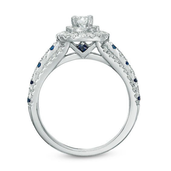 Vera Wang Love Collection 7/8 CT. T.w. Diamond and Blue Sapphire Double Frame Engagement Ring in 14K White Gold