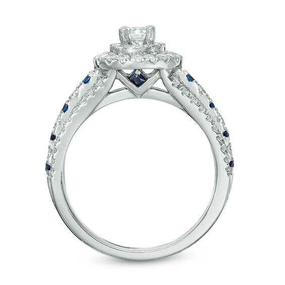 Vera Wang Love Collection 7/8 CT. T.w. Diamond and Blue Sapphire Double Frame Engagement Ring in 14K White Gold