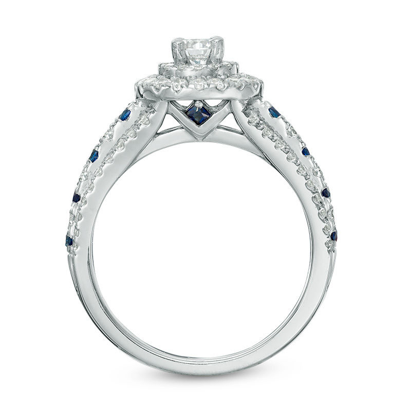 Main Image 3 of Vera Wang Love Collection 7/8 CT. T.W. Diamond and Blue Sapphire Double Frame Engagement Ring in 14K White Gold