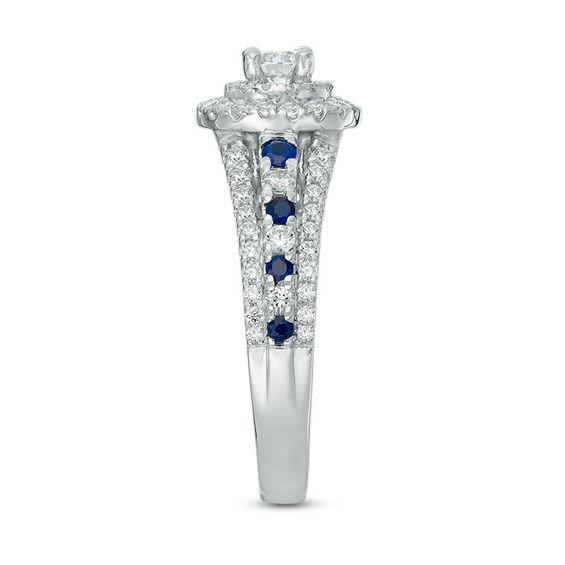Vera Wang Love Collection 7/8 CT. T.w. Diamond and Blue Sapphire Double Frame Engagement Ring in 14K White Gold