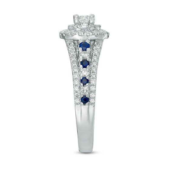 Vera Wang Love Collection 7/8 CT. T.w. Diamond and Blue Sapphire Double Frame Engagement Ring in 14K White Gold
