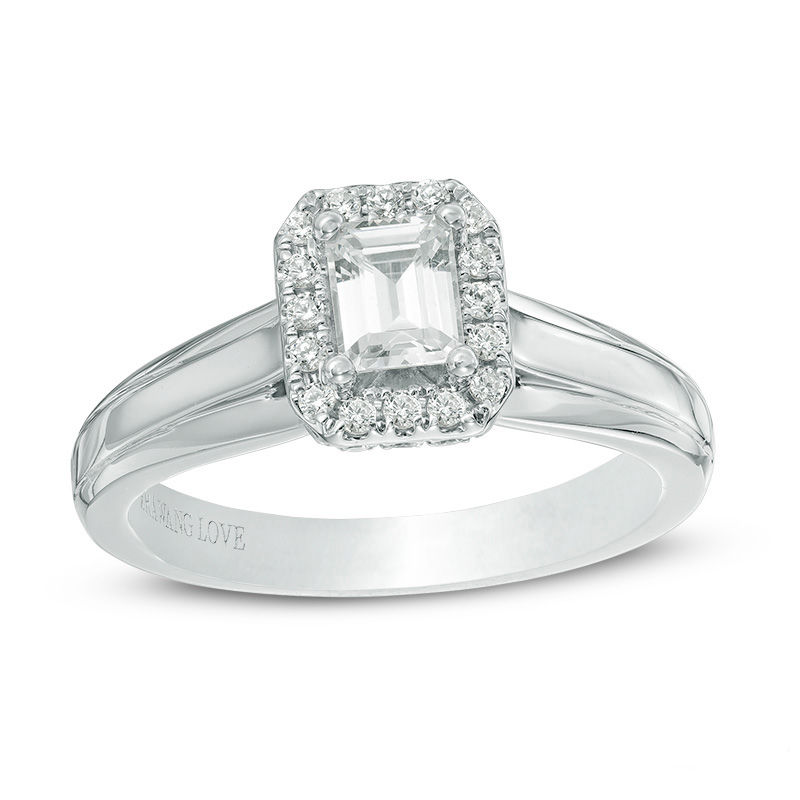 Main Image 1 of Vera Wang Love Collection 3/4 CT. T.W. Emerald-Cut Diamond Rectangle Frame Engagement Ring in 14K White Gold