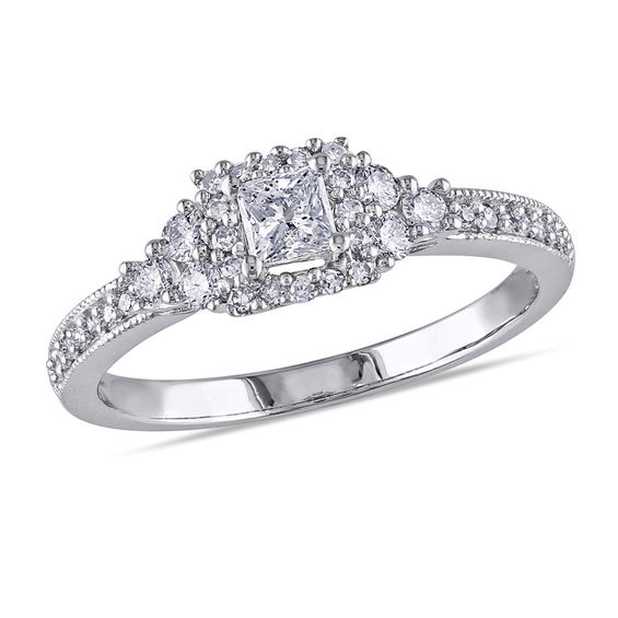 1/2 CT. T.W. Princess-Cut Diamond Frame Tri-Sides Vintage-Style Ring in 14K White Gold 1/2 CT. T.W. Princess-Cut Diamond Frame Tri-Sides Vintage-Style Ring in 14K White Gold