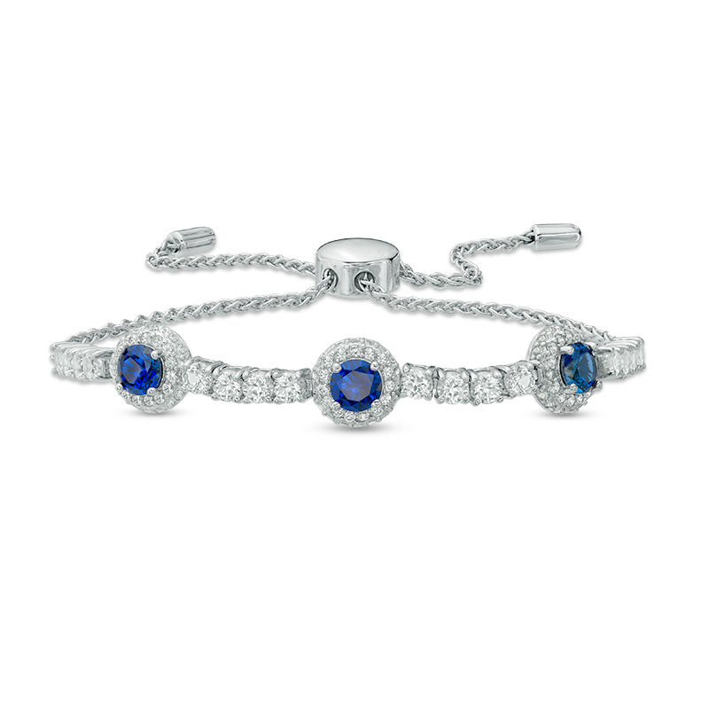 Main Image 1 of 5.0mm Lab-Created Blue and White Sapphire Frame Three Stone Bolo Bracelet in Sterling Silver - 9.0"