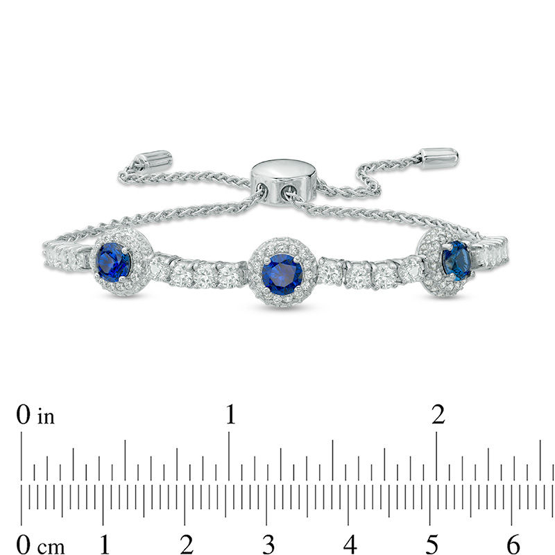 Main Image 2 of 5.0mm Lab-Created Blue and White Sapphire Frame Three Stone Bolo Bracelet in Sterling Silver - 9.0"