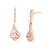 Thumbnail Image 1 of 5.0mm Cushion-Cut Morganite and 1/6 CT. T.W. Diamond Frame Pendulum Drop Earrings in 10K Rose Gold