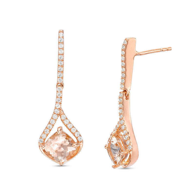 Main Image 1 of 5.0mm Cushion-Cut Morganite and 1/6 CT. T.W. Diamond Frame Pendulum Drop Earrings in 10K Rose Gold
