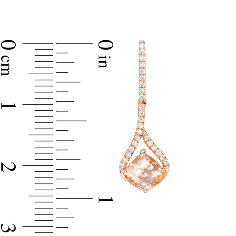 Main Image 2 of 5.0mm Cushion-Cut Morganite and 1/6 CT. T.W. Diamond Frame Pendulum Drop Earrings in 10K Rose Gold