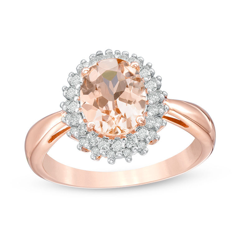 Main Image 1 of Oval Morganite and 1/5 CT. T.W. Diamond Starburst Frame Ring in 10K Rose Gold