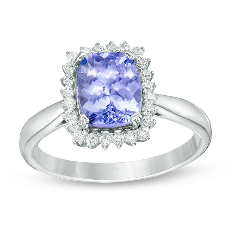 Main Image 1 of Cushion-Cut Tanzanite and 1/6 CT. T.W. Diamond Starburst Frame Ring in 10K White Gold