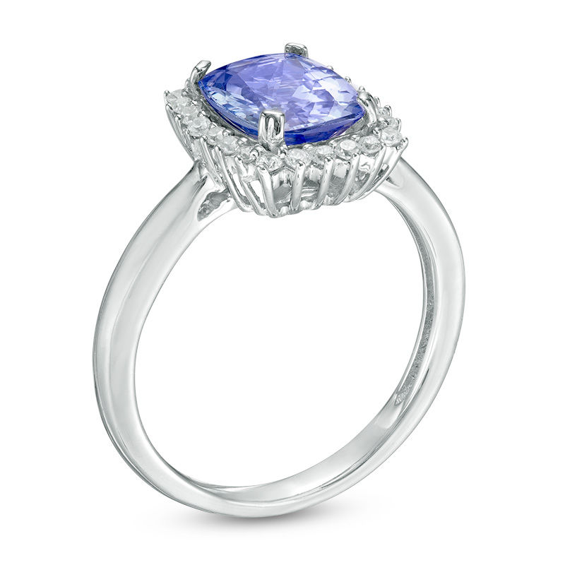 Cushion-Cut Tanzanite and 1/6 CT. T.W. Diamond Starburst Frame Ring in 10K White Gold