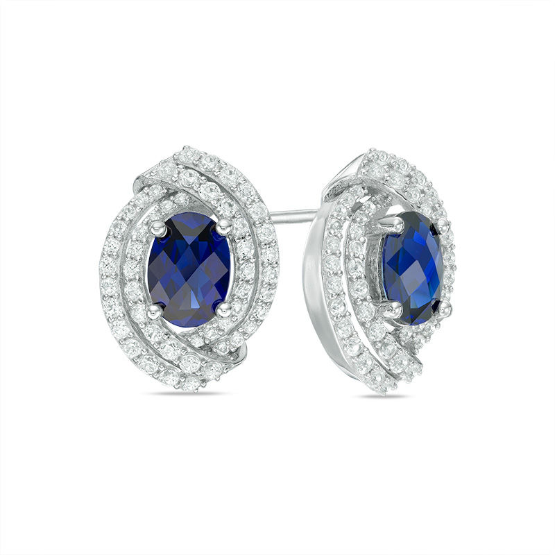 Oval Lab-Created Blue and White Sapphire Double Swirl Frame Stud Earrings in Sterling Silver