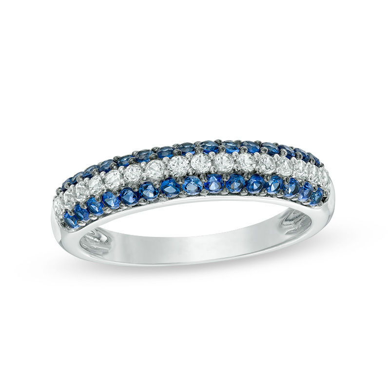Main Image 1 of Lab-Created Blue and White Sapphire Triple Row Band in Sterling Silver