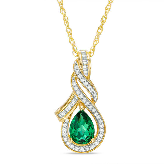 Pear-Shaped Lab-Created Emerald and White Sapphire Cascading Teardrop Pendant in Sterling Silver with 14K Gold Plate