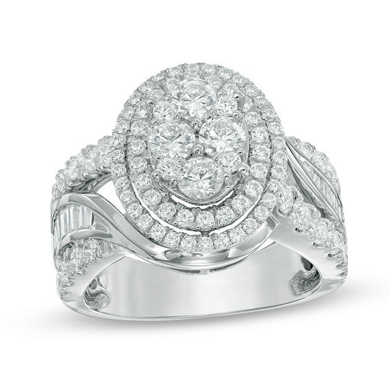 2 CT. T.w. Composite Diamond Oval Frame Multi-Row Engagement Ring in 14K White Gold
