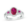 Thumbnail Image 0 of Oval Lab-Created Ruby and White Sapphire Frame Split Shank Ring in Sterling Silver