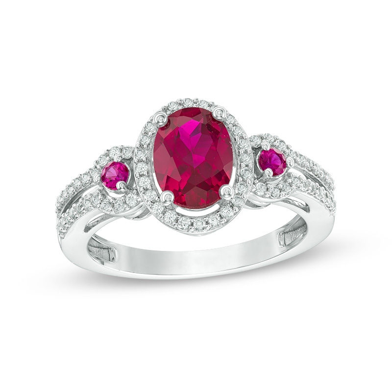 Oval Lab-Created Ruby and White Sapphire Frame Split Shank Ring in Sterling Silver