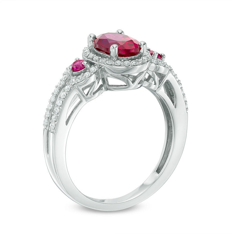 Oval Lab-Created Ruby and White Sapphire Frame Split Shank Ring in Sterling Silver